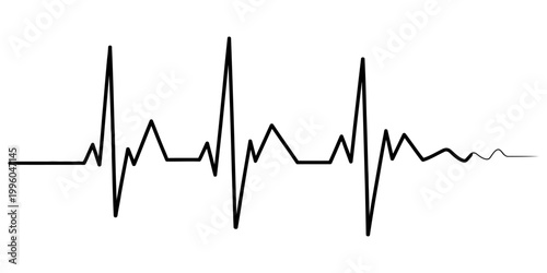 A black heartbeat line illustration showing a rhythmic monitor pulse signal fading out to a flat horizontal line. Vector, illustration