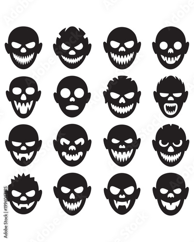 Set of sixteen scary monster and evil ghost face silhouettes