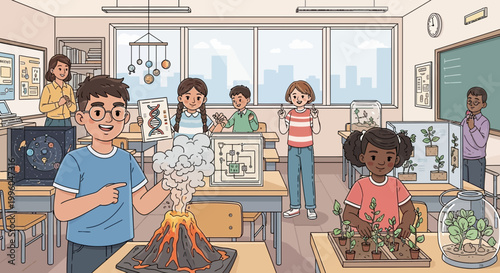 Diverse students engage in science class, exploring volcano model, DNA, and plants
