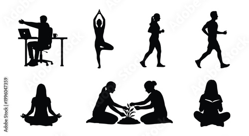 Collection of black human silhouettes in yoga poses and daily workout routine habits.