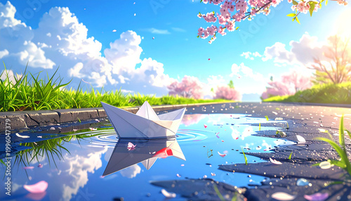 A paper boat drifts across a reflecting puddle