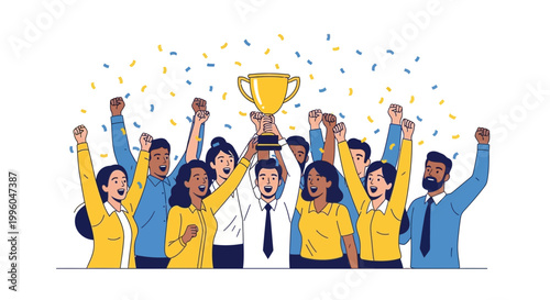 Diverse Team Celebrates Victory Holding Trophy with Confetti Falling