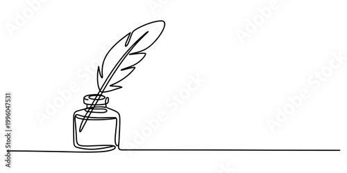 A continuous line drawing of a classic feather quill pen resting inside a vintage glass inkwell bottle design. Vector, illustration