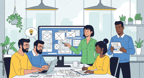 Diverse team collaborating on UI/UX design project in modern office with digital wireframes