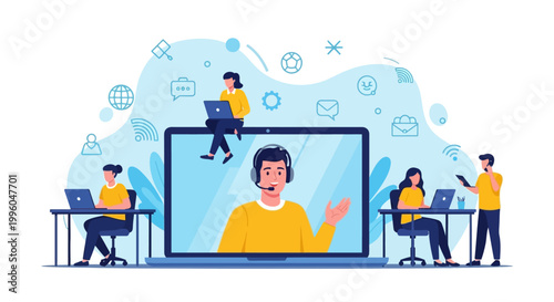 Illustration of a remote team collaborating with a large screen display and laptops in a modern workspace with a bright and tech-savvy atmosphere.