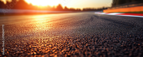 Sunset light reflecting on textured asphalt road surface with blurred background and warm colors