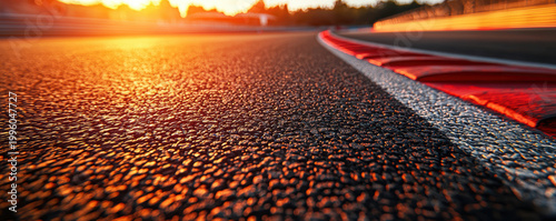 Sunset light reflects on textured asphalt near red and white curbstone on race track, creating warm and dynamic atmosphere