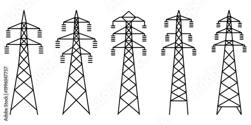 Five different types of high voltage electricity transmission towers displayed as black outlines on white background. Vector, illustration