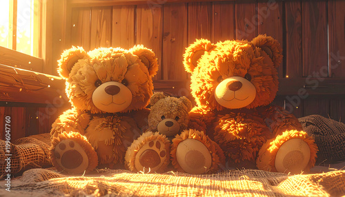 Two adorable teddy bears sit together in warm sunlight
