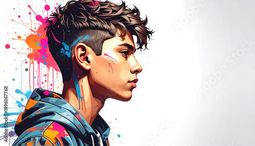Stylish young man portrait illustration with colorful splatter