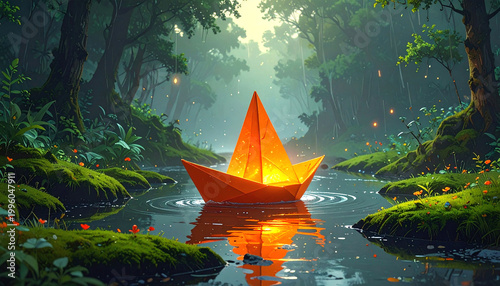 A glowing paper boat navigates a mystical forest stream
