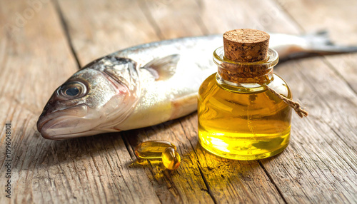 Close-up shot of fish and omega oil bottle
