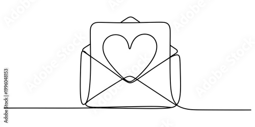 A single continuous line drawing of an open envelope containing a heart symbol representing love and affection now. Vector, illustration