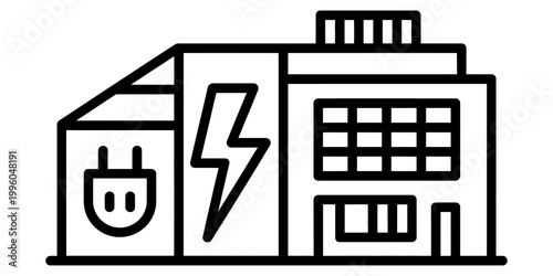 A simple black and white line art illustration of an industrial power plant building with a plug and bolt symbol Vector, illustration
