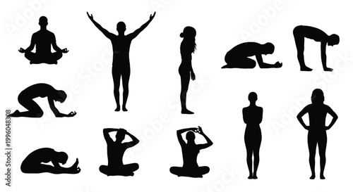 Set of black human silhouettes performing different yoga and stretching exercise pose.