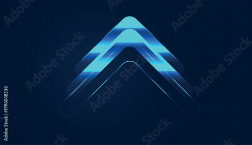 A glowing neon arrow points vertically upward, symbolizing the peak of success in digital finance. and business graphic features layered blue chevrons