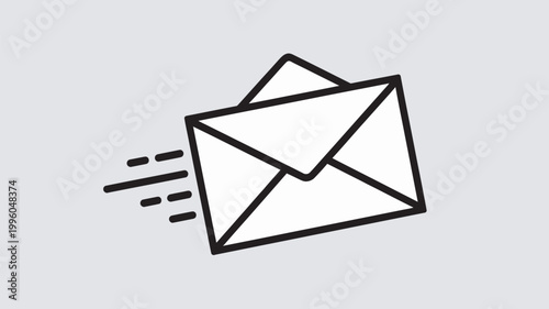 A simple black and white illustration of two envelopes flying through the air, conveying speed and communication.