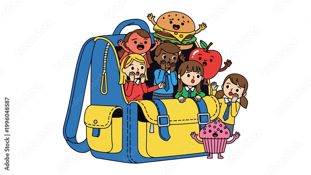 Naklejka premium School Backpack Friends: An adorable scene unfolds as a vibrant backpack bursts with life, hosting a charming ensemble of friendly figures, each a delightful food item, radiating joy and camaraderie.