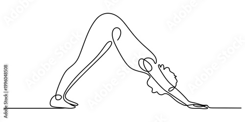 Minimalist continuous line art illustration of a person performing the downward facing dog yoga pose on ground Vector, illustration