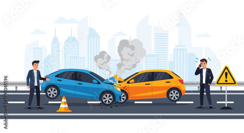 Illustration of two men inspecting crashed blue and orange cars on a road with a cityscape background and warning signs.