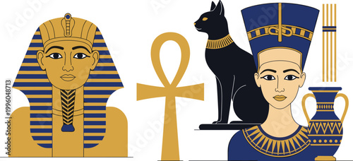 Ancient Egyptian Art: Pharaoh, Cleopatra, Ankh, Cat, and Egyptian Hieroglyphs Illustration