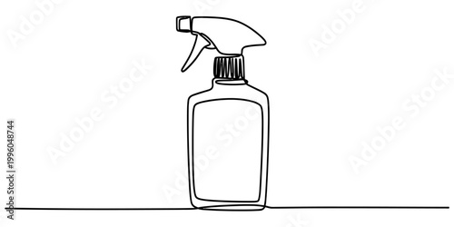 A continuous line drawing of a plastic spray bottle used for cleaning surfaces in a simple minimalist art style. Vector, illustration