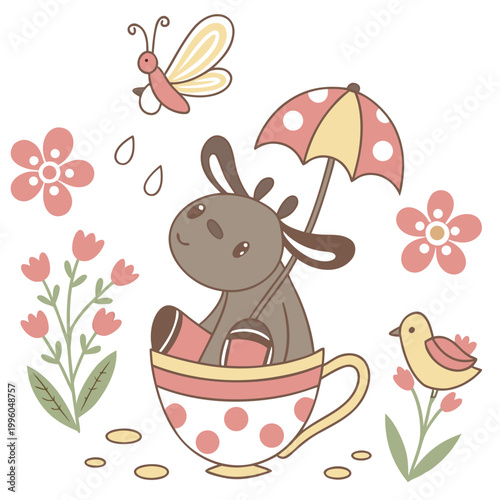 Vector illustration of a Shy Moose with in a teacup, styled in a Spring theme using Blooming Renewal colors