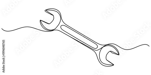 A single continuous line drawing of a metal wrench tool designed for mechanical repairs and household maintenance. Vector, illustration