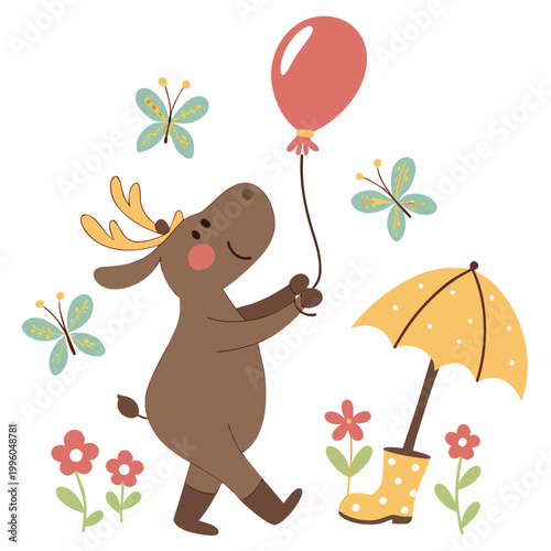 Whimsical Moose feeling Bashful in a Spring setting with with a balloon – colored in Blooming Renewal