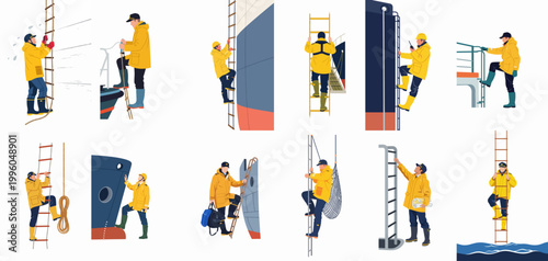 Set of vector illustrations depicting maritime pilots and sailors in yellow raincoats climbing various ladders on board large ships and vessels.