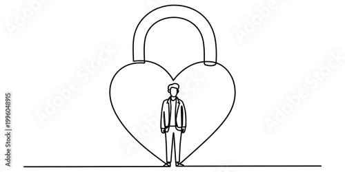 A continuous line drawing of a person standing protected inside a heart shaped padlock representing safe love. Vector, illustration