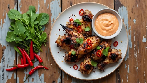 Grilled Chicken Wings with Spicy Sauce and Fresh Herbs on Wooden Table