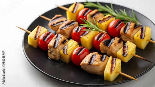 Grilled skewers with chicken, pineapple, and cherry tomatoes on plate