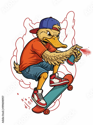 Duck on skateboard with spray can.