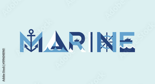 Marine Word Art with Nautical Symbols and Ocean Waves