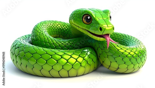 Adorable Green Snake with Tongue Out on White Background.