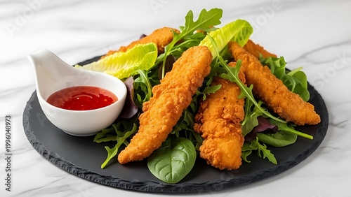 Crispy Chicken Tenders with Fresh Greens and Dipping Sauce