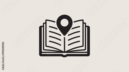 A black icon of an open book with a location pin on a beige background