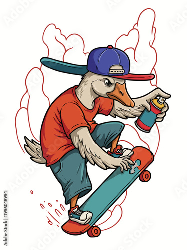 Duck on skateboard with spray paint.