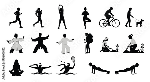 People active lifestyle, yoga, jogging, cycling, meditation, fitness, healthy habits concept.