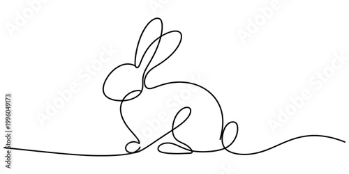 Minimalist continuous line art illustration of a cute rabbit profile silhouette on a plain white background area. Vector, illustration