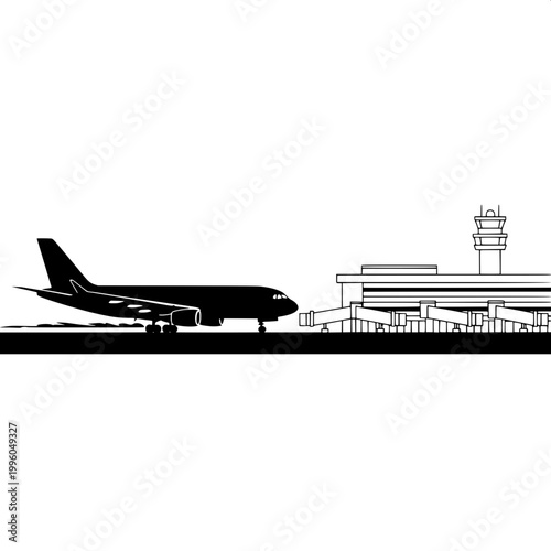 Commercial airplane taking off from airport runway at dusk with control tower