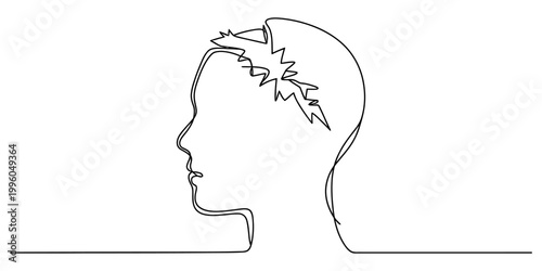 Continuous single line drawing of a profile head wearing a crown of thorns isolated on a plain white background. Vector, illustration