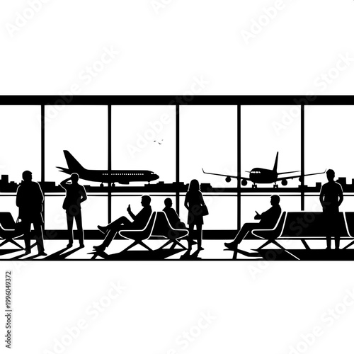 Airport waiting area with passengers watching airplane takeoff through large windows