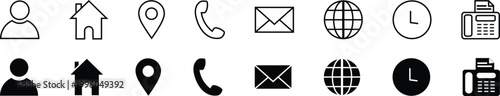 Contact and interface icon set outline and solid. These are standard UI elements typically used for business cards, resumes, or "Contact Us" sections on websites.