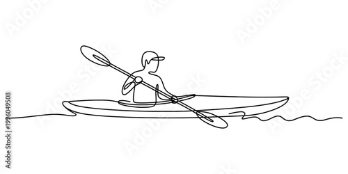Minimalist continuous line art drawing of a person kayaking on calm water representing outdoor sport activity. Vector, illustration