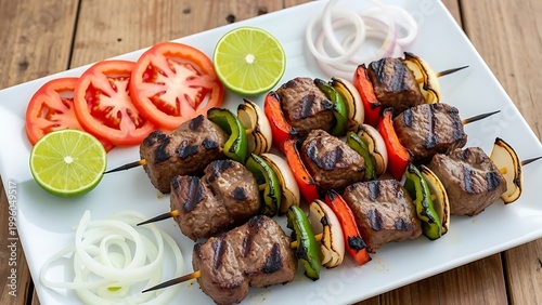 Grilled Meat Skewers with Vegetables on a Plate