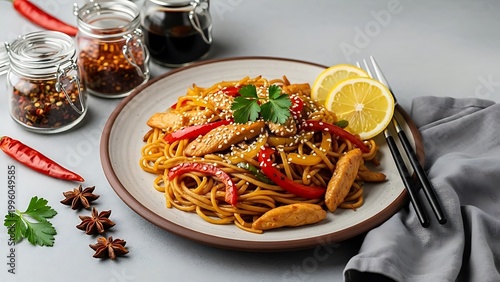 Delicious Asian style noodles with chicken and vegetables on plate