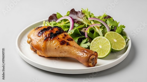 Grilled chicken leg with fresh salad and lime on plate