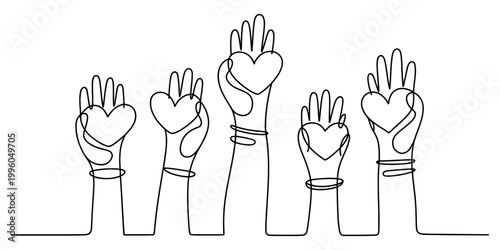 A single continuous line drawing of five hands held high in the air each cradling a heart shape against a background Vector, illustration